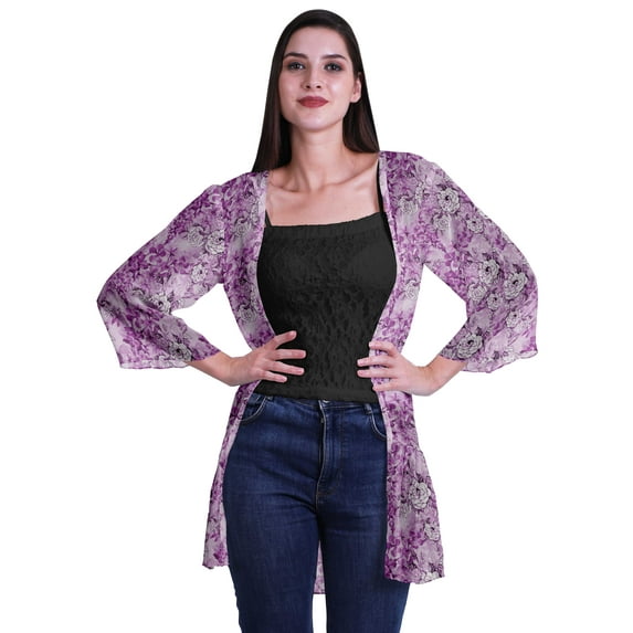 Moomaya Printed Georgette Shrug Ruffled Back Drop Hem Beach Cover Up For Women