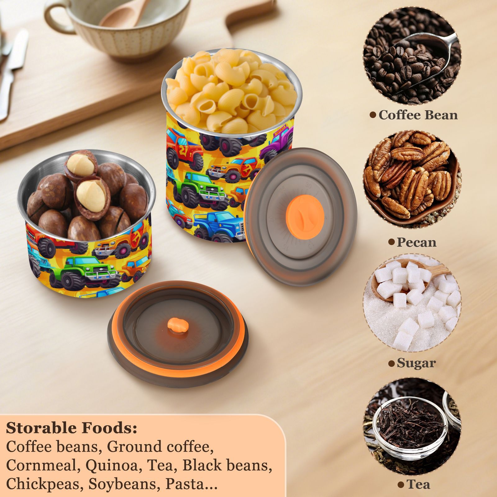 Trucks Cartoon Airtight Coffee Bean Canister 30oz Food Storage Containers with Lids For Gournd, Tea, Sugar, Flour, Rice, Cereal, Candy Cookie Jar