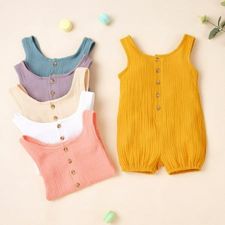 

0-24M Newborn Baby Boys Girls Solid Cotton Button Romper Outfits Sleeveless Jumpsuits Playsuit Clothing