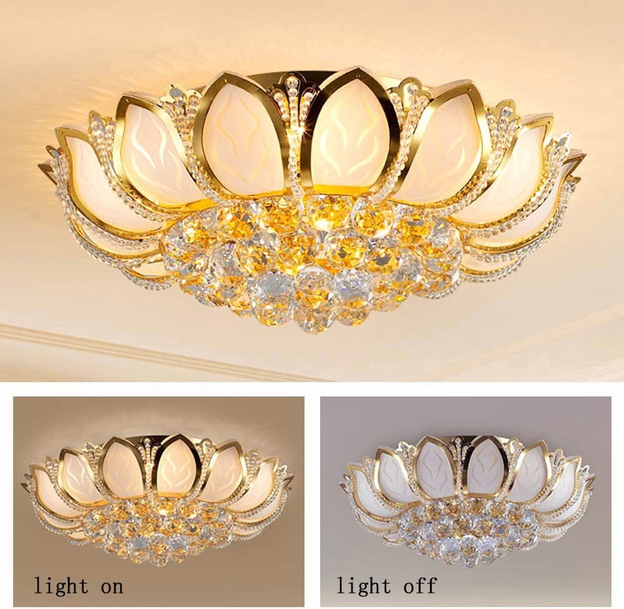 Crystal Ceiling Lamp Modern Chandelier 110V Gold Flower Shape Pendant Light Fixture 23.5 in Bedroom Flush Mount Hanging Lamp for Living Room Bedroom Hallway (No Remote Control)