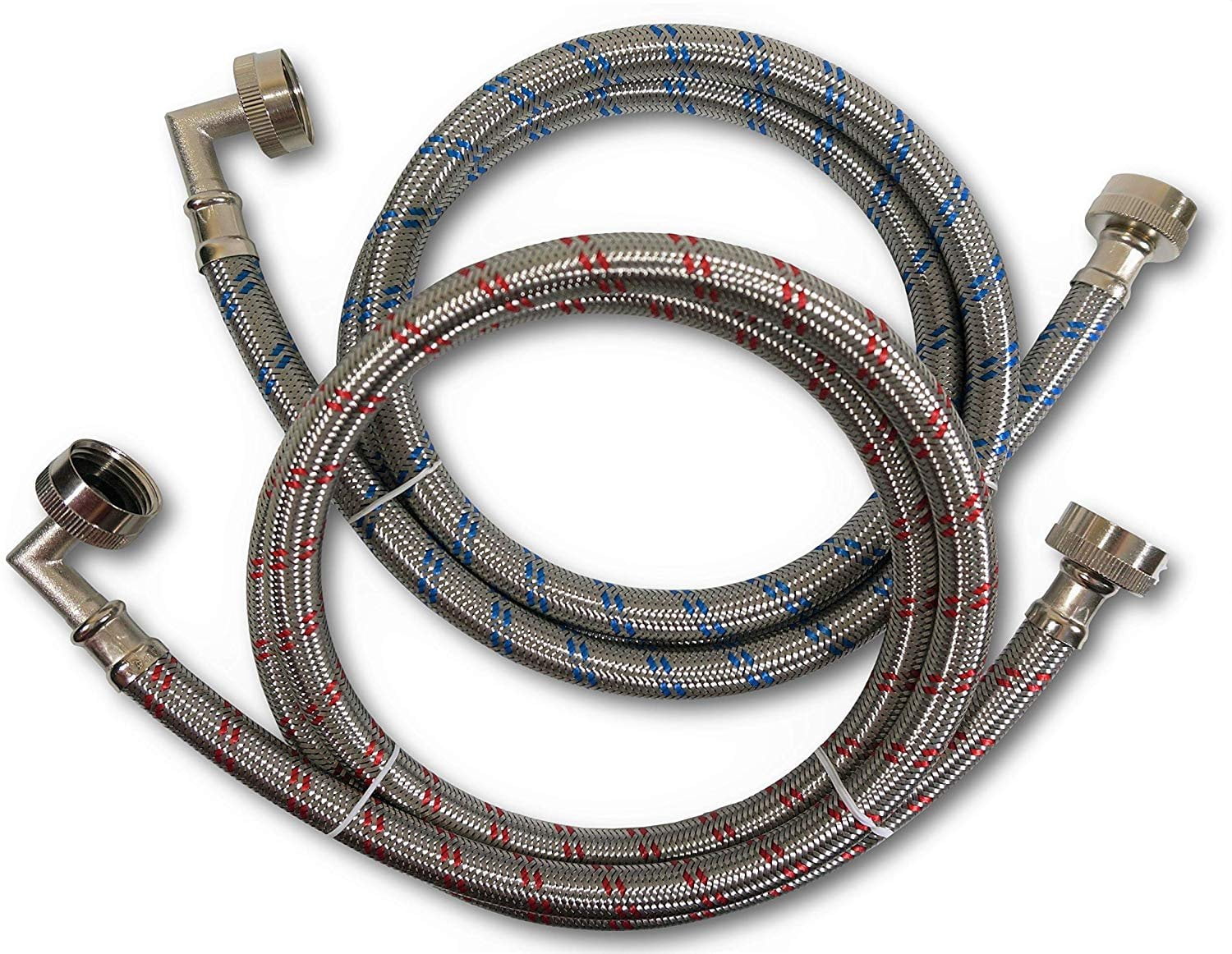 Premium Stainless Steel Washing Machine Hoses with 90 Degree Elbow, 10 Ft Burst Proof 2 Pack Red and Blue Striped Water Connection Inlet Supply Lines - Lead Free