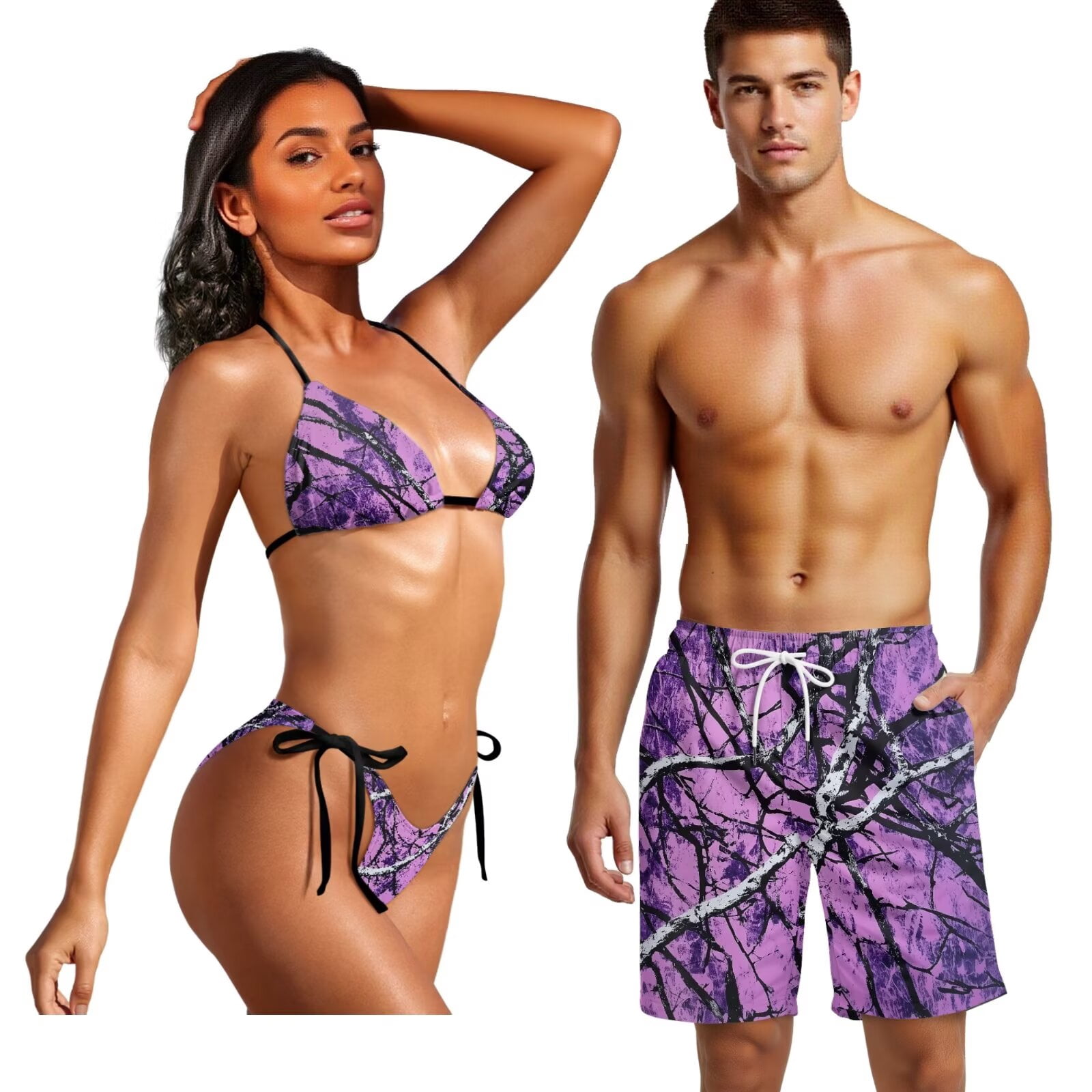 Uourmeti Matching Swimsuits for Couples Camo Hunting Branch Print Swim Trunk Men Swim Shorts Bathing Suit Camouflage Couples Swimwear Matching His and Her for Beach/Party