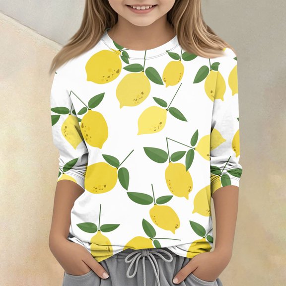 CCRFTGI Cute Shirts for Kids Girls Size 7-8 Summer 3/4 Sleeve Fruit Print Tee Tops Casual Soft Lightweight Girls Fashion Crew Neck T-Shirts Ginger 7-8 Years
