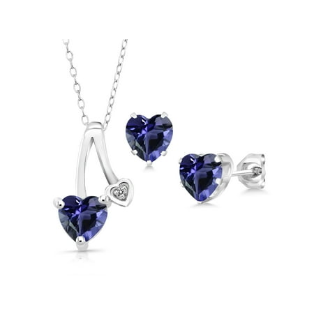 Iolite Pendant Set - 1.75 Ct Blue Iolite White Diamond 925 Sterling Silver Pendant Earrings Set