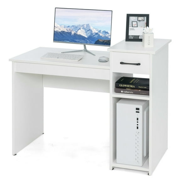 Kadyn Writing Study Desk, Computer Desk, Laptop Workstation Desk,Computer Desk PC Laptop Table with Drawer and Shelf-White