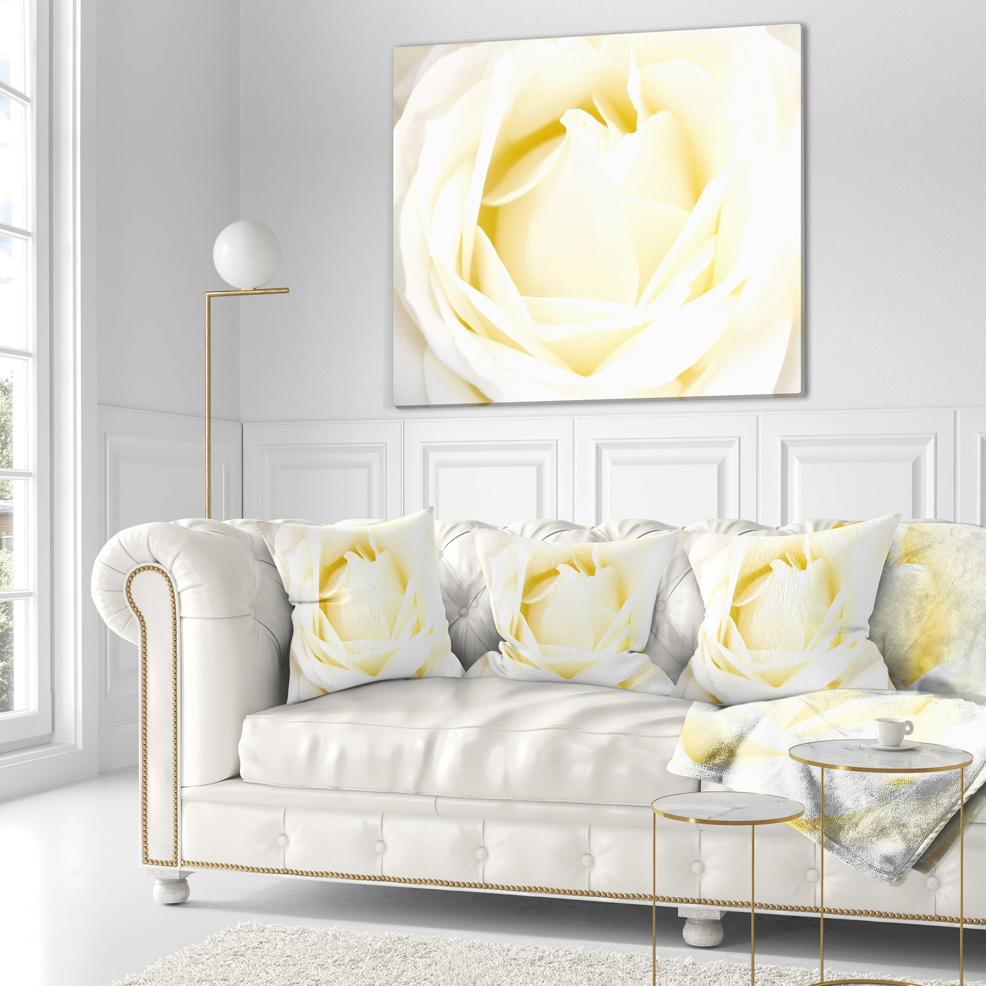 Designart White Rose with Close Up Petals - Floral Throw Pillow - 18x18