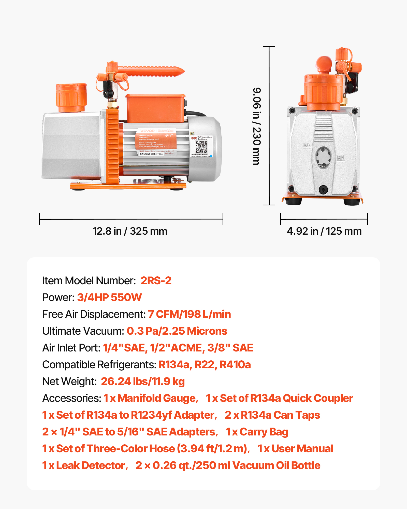 VEVOR AC Vacuum Pump and Gauge Set, 7 CFM 3/4HP, Two Stage Rotary Vane HVAC Vacuum Pump, A/C Manifold Gauge Kit, for R134a R22 R410a, with Leak Detector Carry Bag Hose, for Auto HVAC Air Conditioning