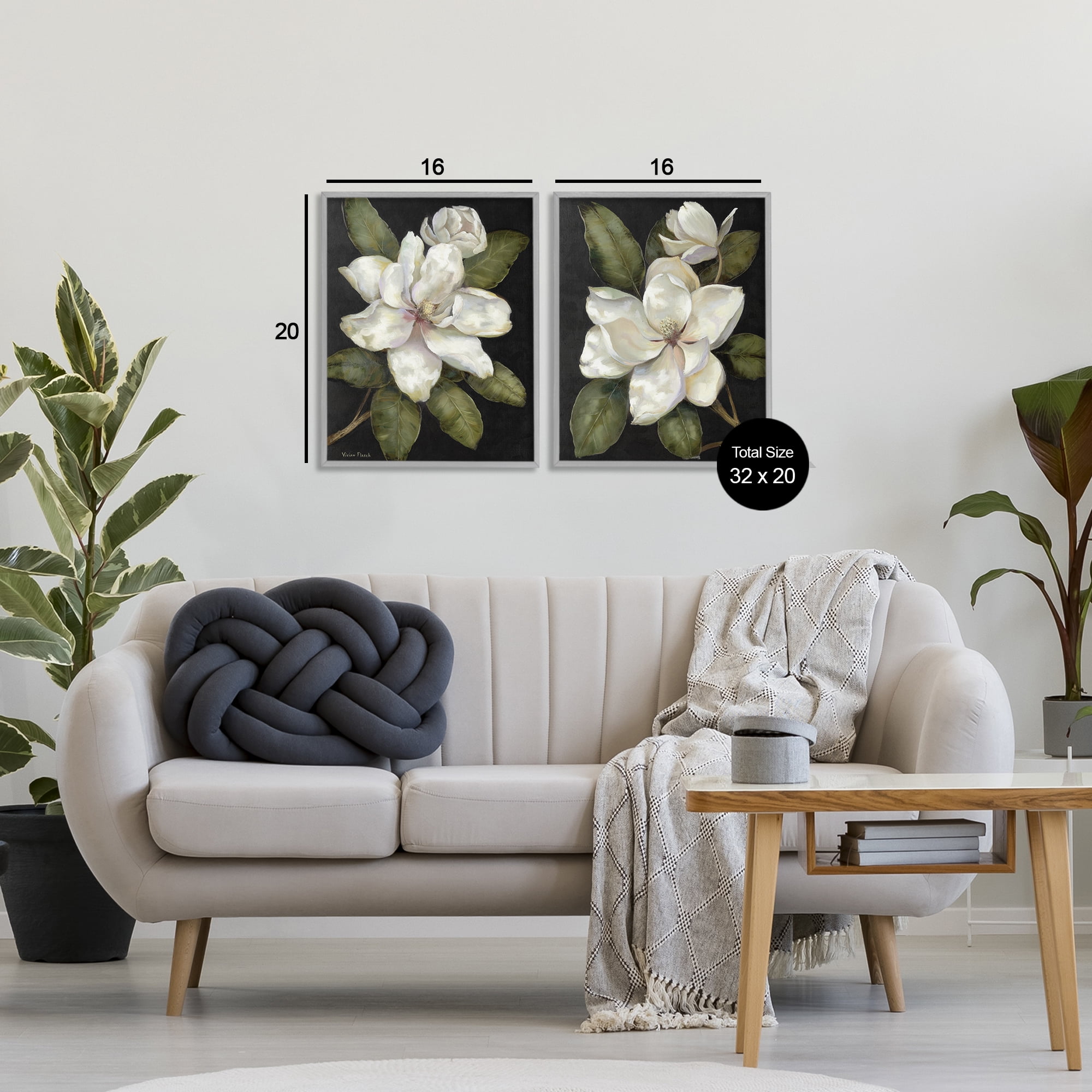 Stupell Industries Magnolia Buds & Blooms 2 Piece Gray Framed Giclee Art Set, design by Nan