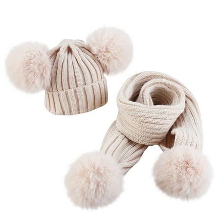 

Kids Caps 2Pcs Baby Knitting Wool Hemming Keep Warm Winter Hiarball Cap Hat +Scarf Set