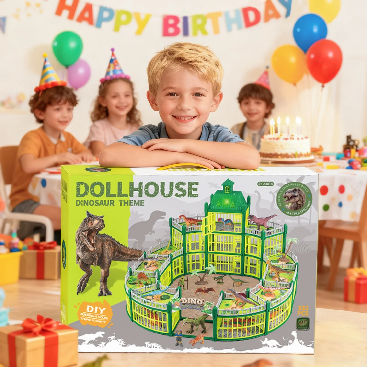 Aijohnny 332PCS Dinosaur House Play Set with LED Light & Sound, Dinosaur Theme Park with 18 Realistic Dinos & Large Battle Cage, Dinosaur Toy for 1-3 3-5 5-8 Year Old