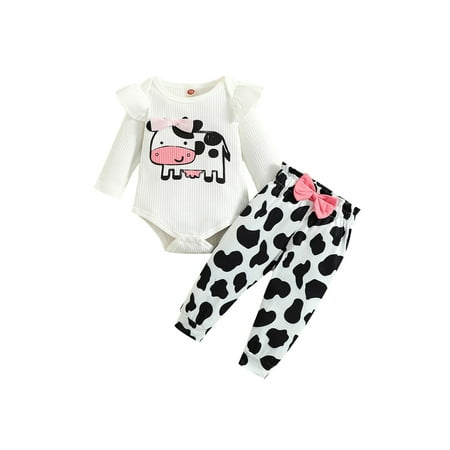 

Genuiskids Newborn Baby Girl Romper 2pcs Outfits Round Neck Ruffle Long Sleeve Cow Printed Ribbed Romper+Elastic Waist Bowknot Decorated Pants Autumn Spring Set 0-18M