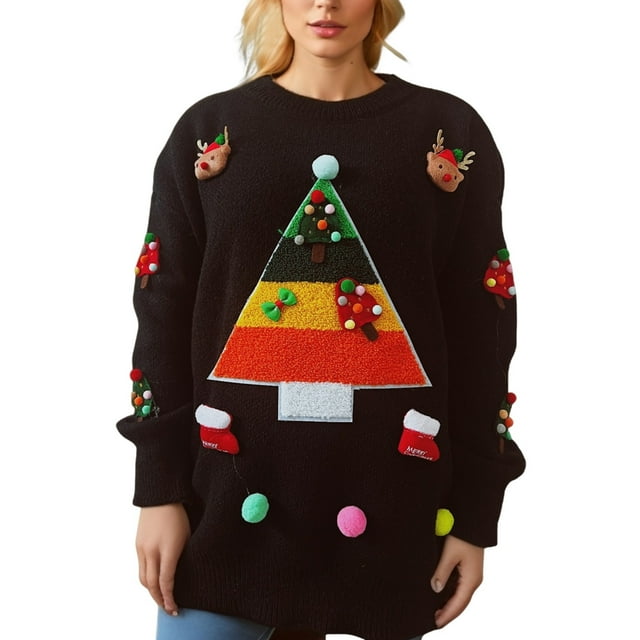 Zhanying Christmas Chandail de Noël Tricoté Rouge Chandail d'Hiver pour Femmes Col Rond Rouge Sweater