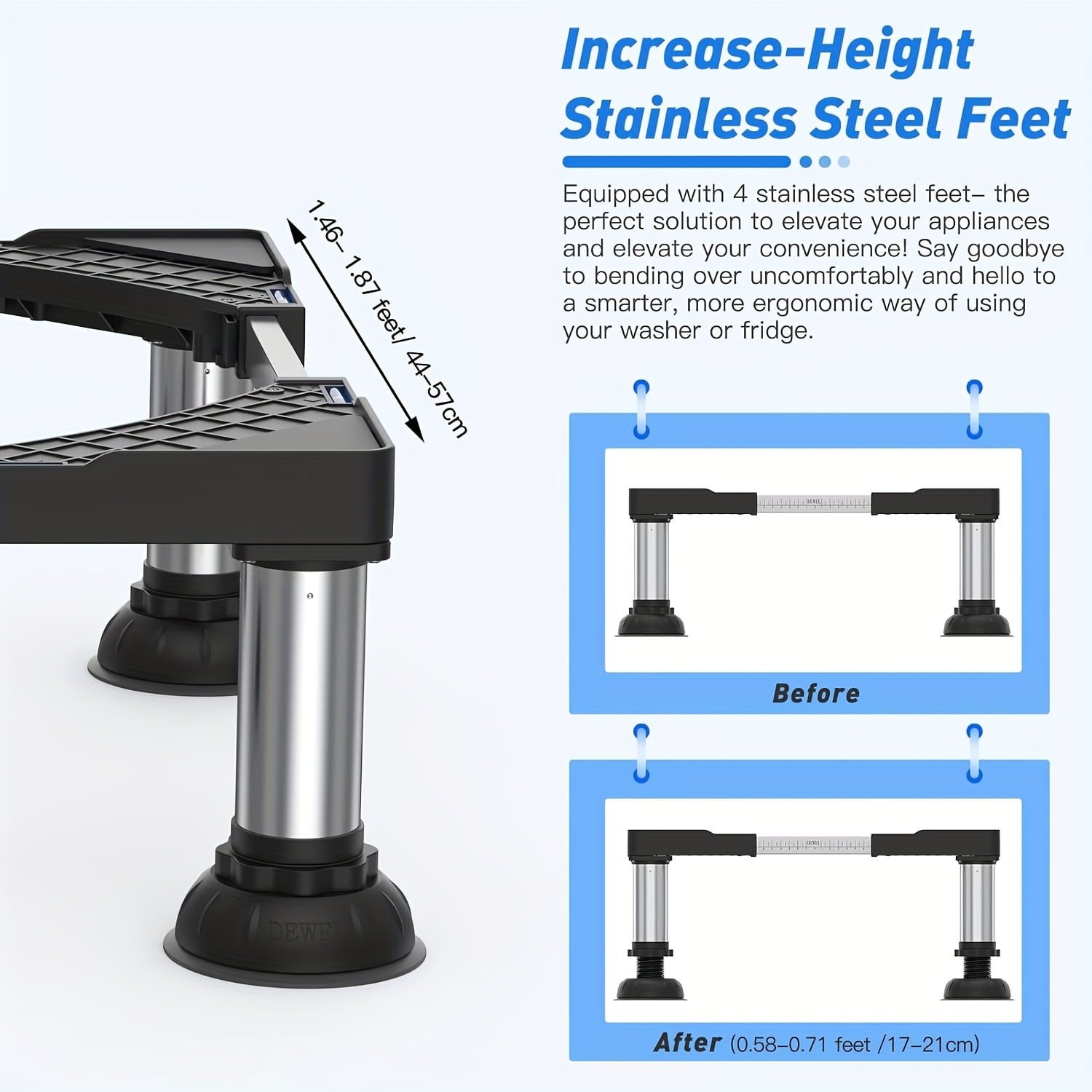 Mini Fridge Stand-Increase Height 0.58-0.71 Feet Adjustable Washer and Dryer Stand with 4 Heavy Duty Feet Universal Refrigerator Stand for Home 1.46-1.87 Feet Appliance- Load Capacity 661lb/300KG