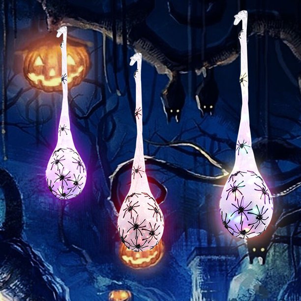 3Pcs Halloween Glowing Spider Cotton Balls Hanging Spider Egg Halloween Party Lights Props for Yard Lawn Tree Hanging SuppliesWarmWhiteGERMANY He Qiyong unisex