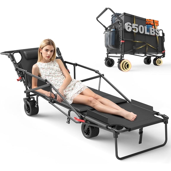Heavy Duty Folding Wagon - 2-in-1 Collapsible Cart, 650lb Capacity, All-Terrain Wheels w/Brakes & Side Pockets