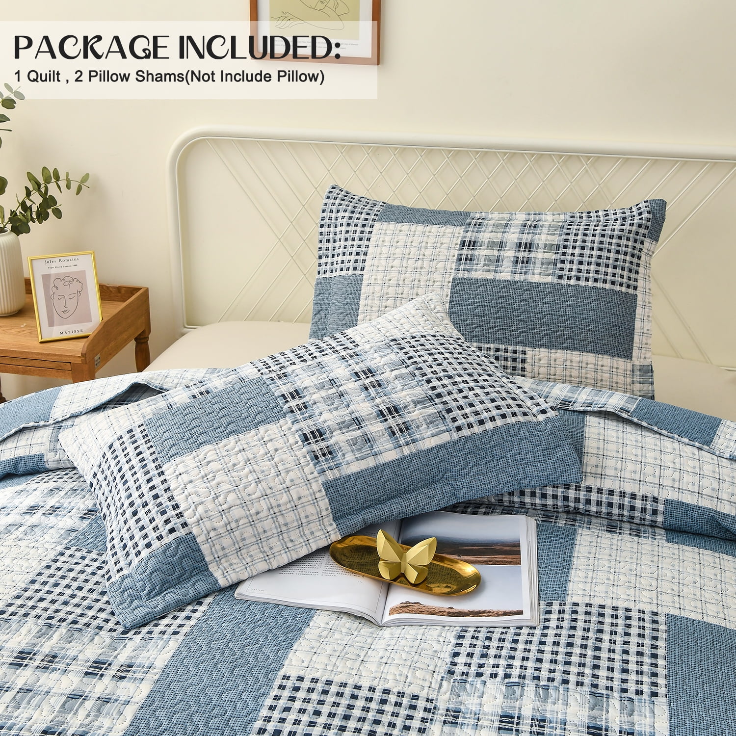 Kebury Quilt Set King Size Plaid Bedding Microfiber Ultra Soft Bedspread Ligthtweight Blue Gray Quilt Coverlet Collection for Bedroom (1 Quilt, 2 Pillow Shams)