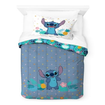 Lilo and Stitch Hawaiian Denim Kids 2-Piece Twin/Full Reversible Comforter and Sham Bedding Set, Microfiber, Blue, Disney