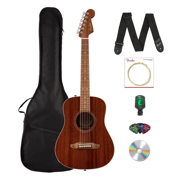 Fender California Standard Redondo Mini Acoustic Guitar - Natural Sapele Bundle with Gig Bag, Tuner, Strap, Strings, Picks, and Austin Bazaar Instructional DVD