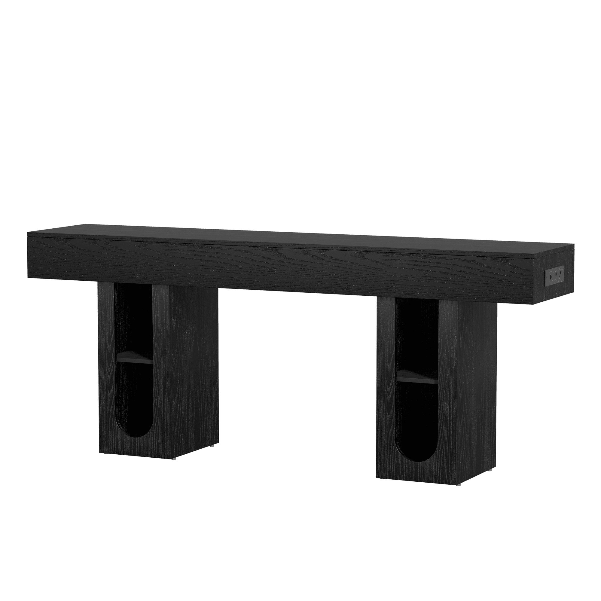 Mintazer 71" Modern U-Shaped Console Table with Charge Station, Entryway Table with Storage Shelves, Sofa Table for Entryway Hallway Living Room, Black