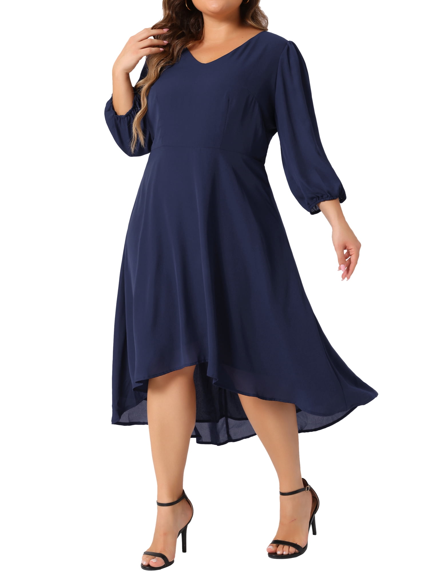 DARING DIVA Plus Size Chiffon V Neck 3/4 Sleeves A-Line Midi Dress 3X Dark Blue