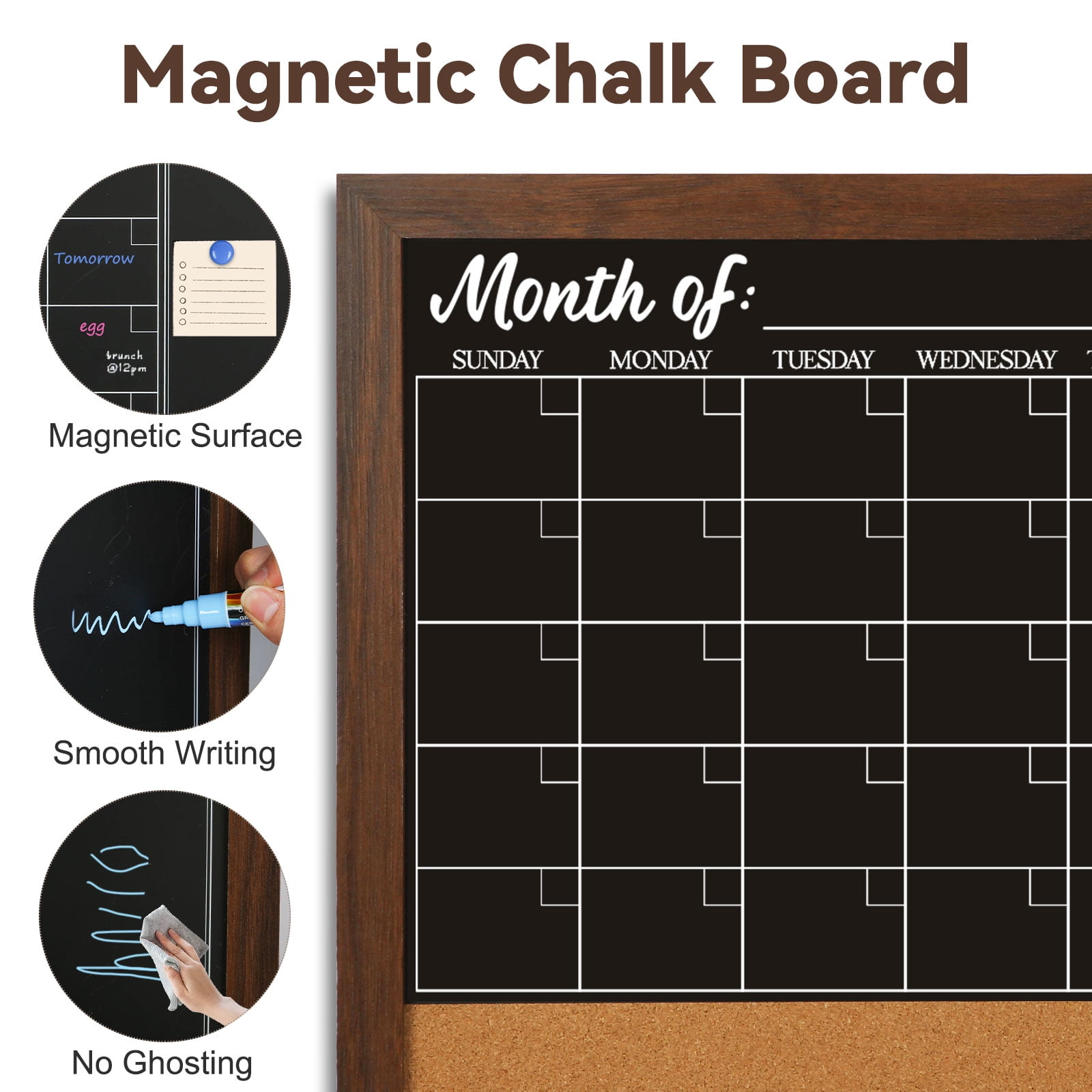 18" x 24" Chalkboard Calendar Corkboard Combo Bulletin Board Magnetic Calendar Chalkboard for Wall Combination Board Monthly Planner Blackboard Rustic Brown Frame with 2 Markers 6 Magnets 4 Pushpins