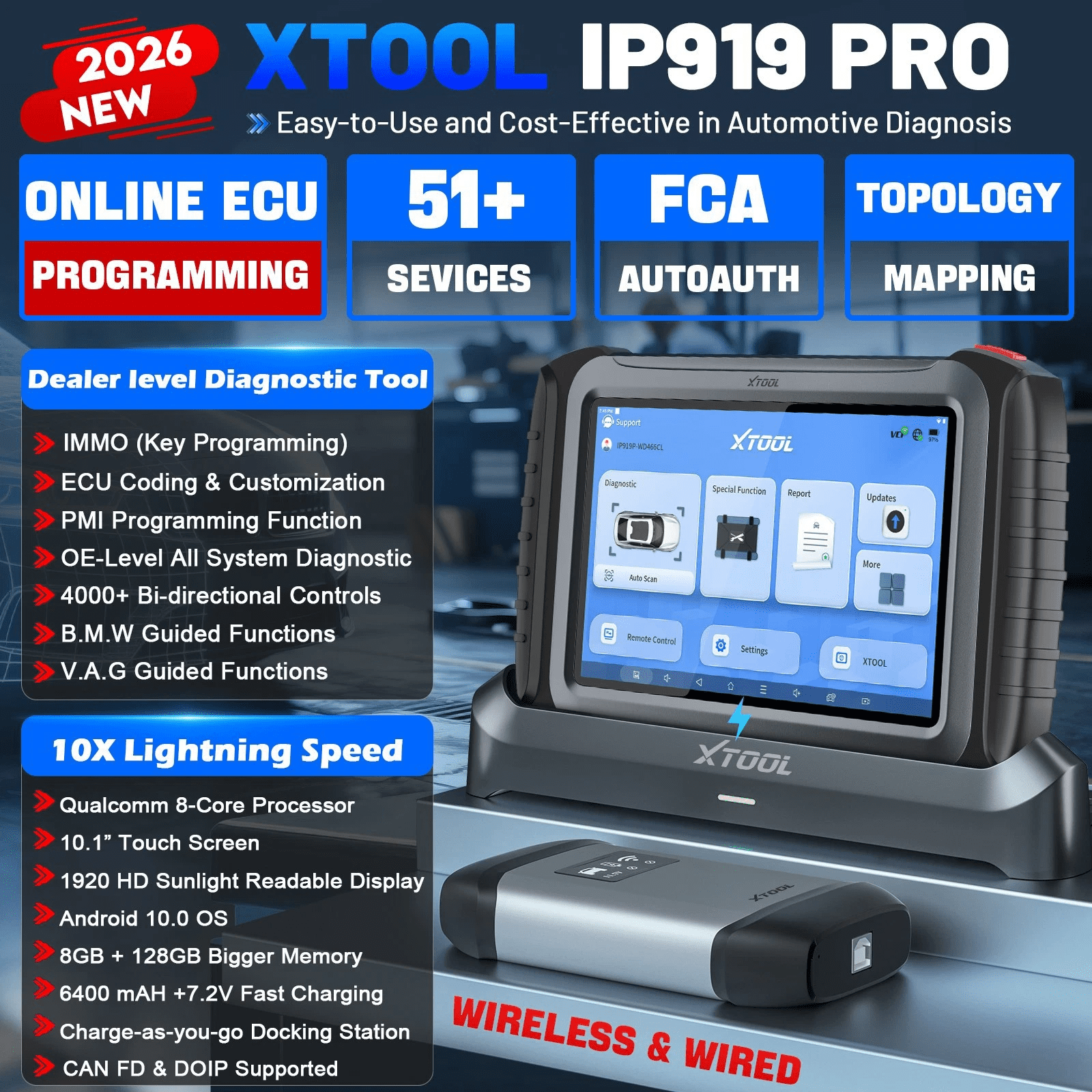 XTOOL IP919 PRO + XV200 Endoscope Automotive OBD2 Scanner Diagnostic Tool Bidirectional Scan Tool with J2534 Topology Mapping 51+ Resets