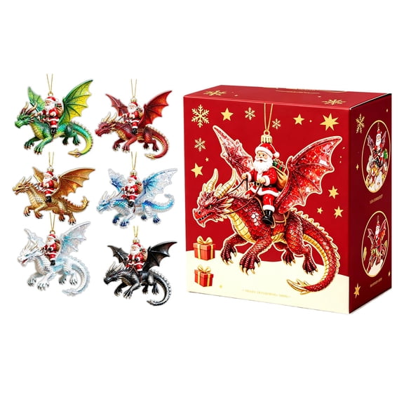 Christmas Santa Claus Riding Dragon Ornaments, 2D Acrylic Christmas Tree Decorations With Fantasy Dragon Design, Collectible Holiday Hanging Ornaments For Xmas Tree Home Yard Car Window (6 Pcs)