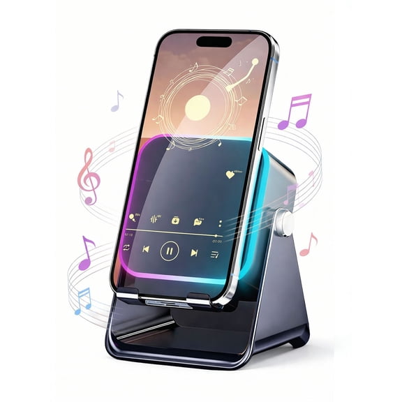 5-in-1 Wireless Induction Speaker Phone Stand with Bluetooth Speaker, Rechargeable Power Bank, 360° Adjustable Holder, HD Stereo Sound, 8 RGB Ambient Light Modes for iPhone Android iPad