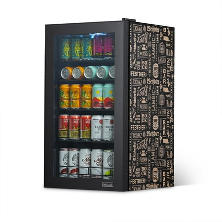 NewAir - 126-Can Beverage Cooler with “Beers of the World” Custom Wrap, Glass Door, Custom, SplitShelf and 7 Temperature Settings - Black