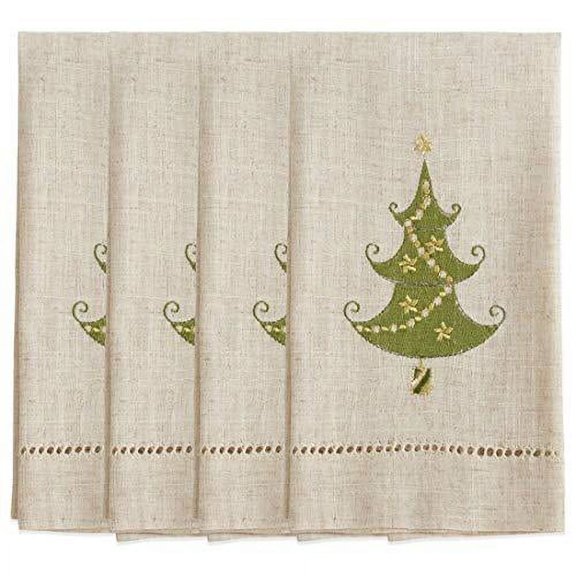Fennco Styles Embroidered and Hemstitched Design Lighted Christmas Tree Linen-Poly Guest Towels 14 x 22 Inch, Set of 4