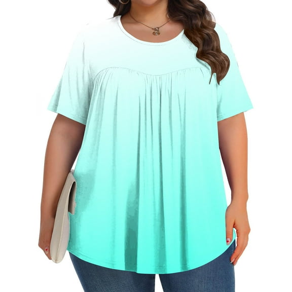 Yotami Plus Size Shirts for Women Short Sleeve Gradient Blouse Round Neck Pleated Summer Casual Top for Everyday, Mint Green