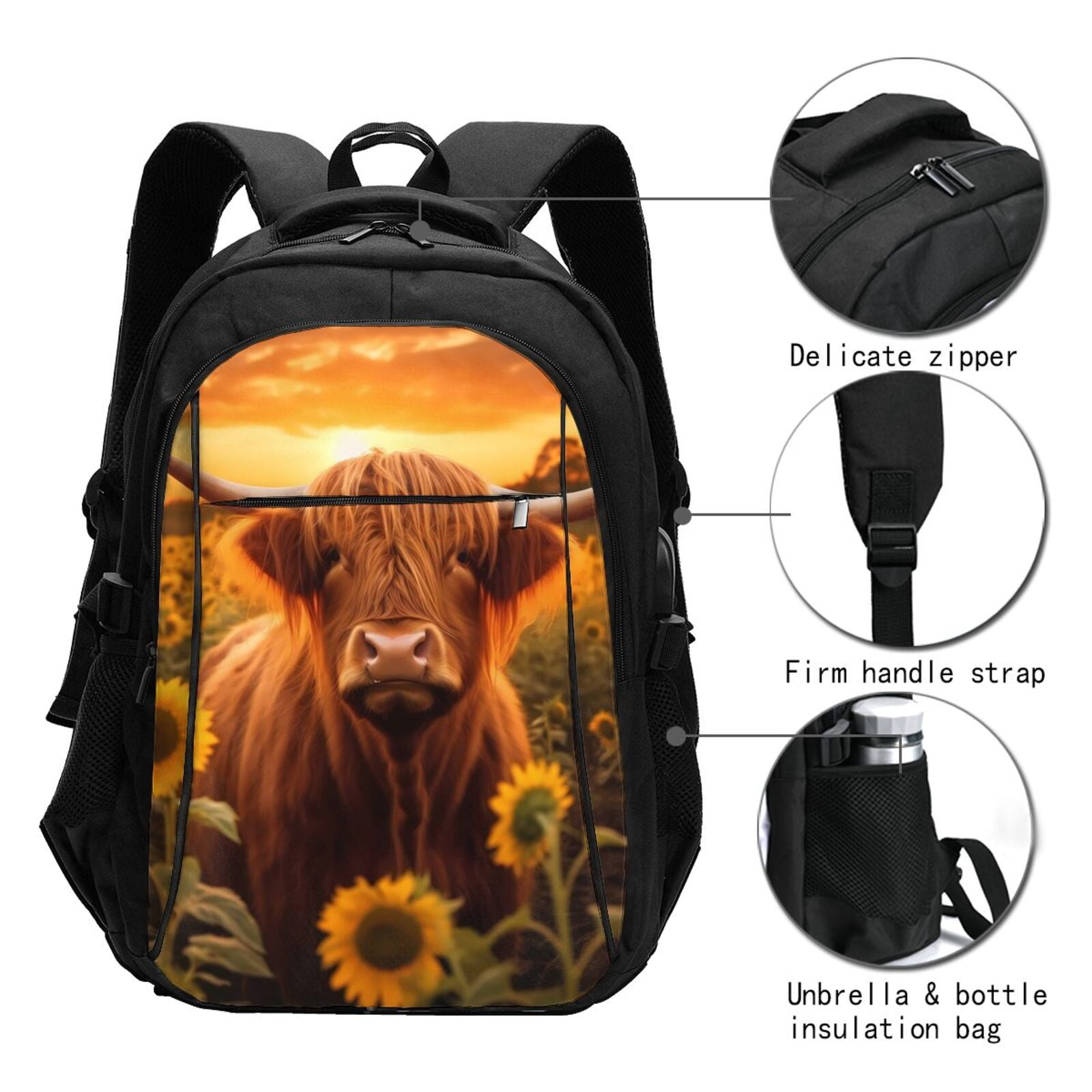 Vsdgher Vintage Sunflower Cow B Print Travel Laptop Backpack, Laptops Backpack with USB Charging Port, Water Resistant Computer Bag Gift for Men & Women