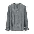 thumbnail image 4 of Tops de Manga Larga de las Mujeres de Color Sólido Casual con Detalle Del Botón Plisado, Blusa de Lino con Cuello en V para el Otoño Diario, 4 of 8