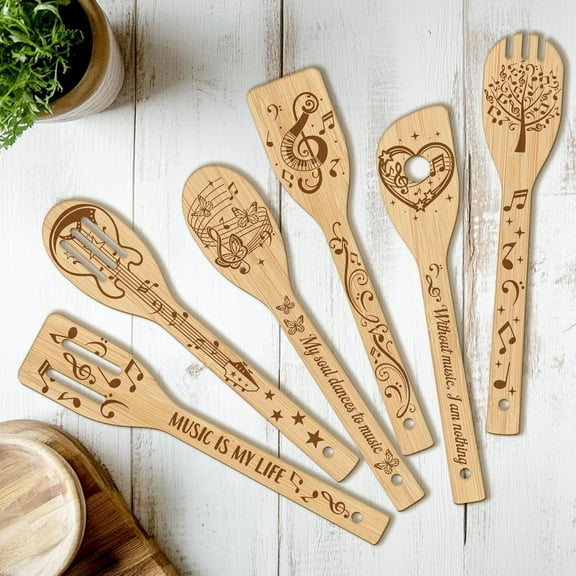 6PCS Music Note Wooden Kitchen Cooking Utensil Set Non Toxic Bamboo Wood Spoon Set for Cooking Best Housewarming Birthday Thanksgiving Christmas Gift for Women Mother diy