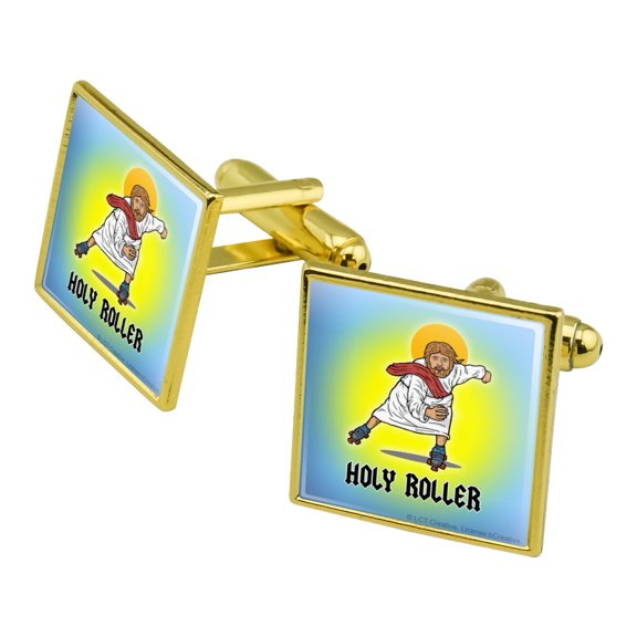 Holy Roller Jesus Roller Skating Funny Humor Square Cufflink Set - Silver or Gold