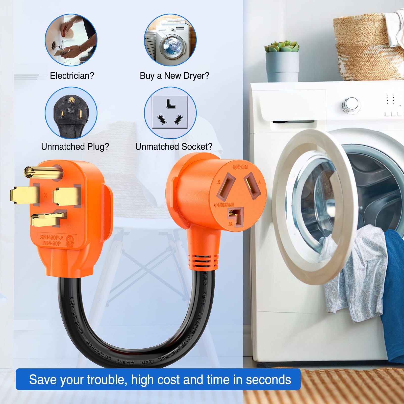 Nilight 30 Amp Dryer Adapter Cord, 4 Prong, 125V/250V, 7500 Watt, Pure Copper, Heavy Duty, 10 Gauge Wire