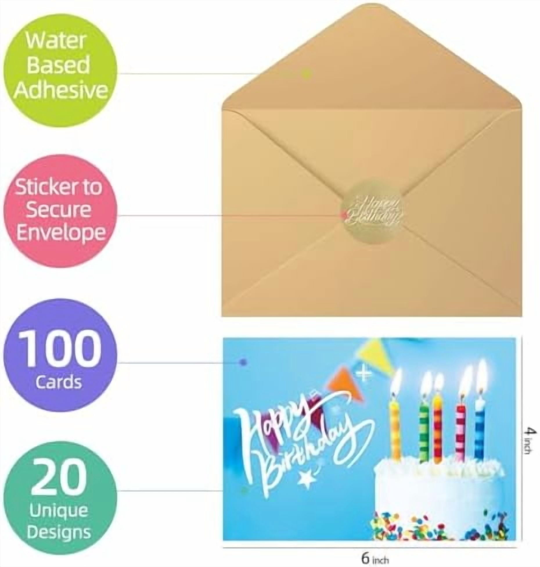100 Happy Birthday Cards with Envelopes, 20 Unique Designs, Birthday Cards Bulk with Short Generic Message Inside, 4x6 inches, Assorted Birthday Cards Assortment for Business, Office and Personal