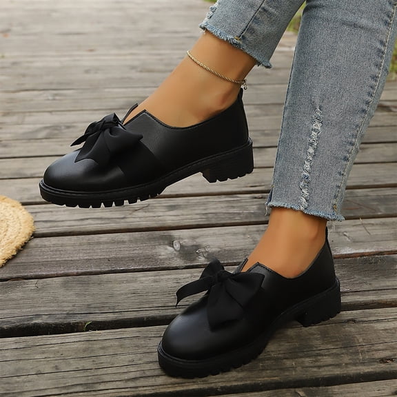 Women's Patent Leather Mary Janes Shoes Chunky Platform Oxfords with Bow Slip-On Dress Shoe Party Girls School