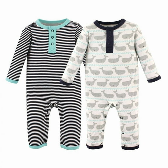 Hudson Baby Infant Boy Cotton Coveralls 2pk, Whale, 0-3 Months