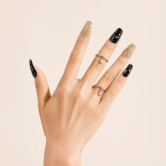Gold Finger Gel Glam Press On Design Kit de uñas Diseño artístico negro y dorado Manicura sin esmalte Longitud larga (GD16) Mini pegamento resistente y duradero incluido