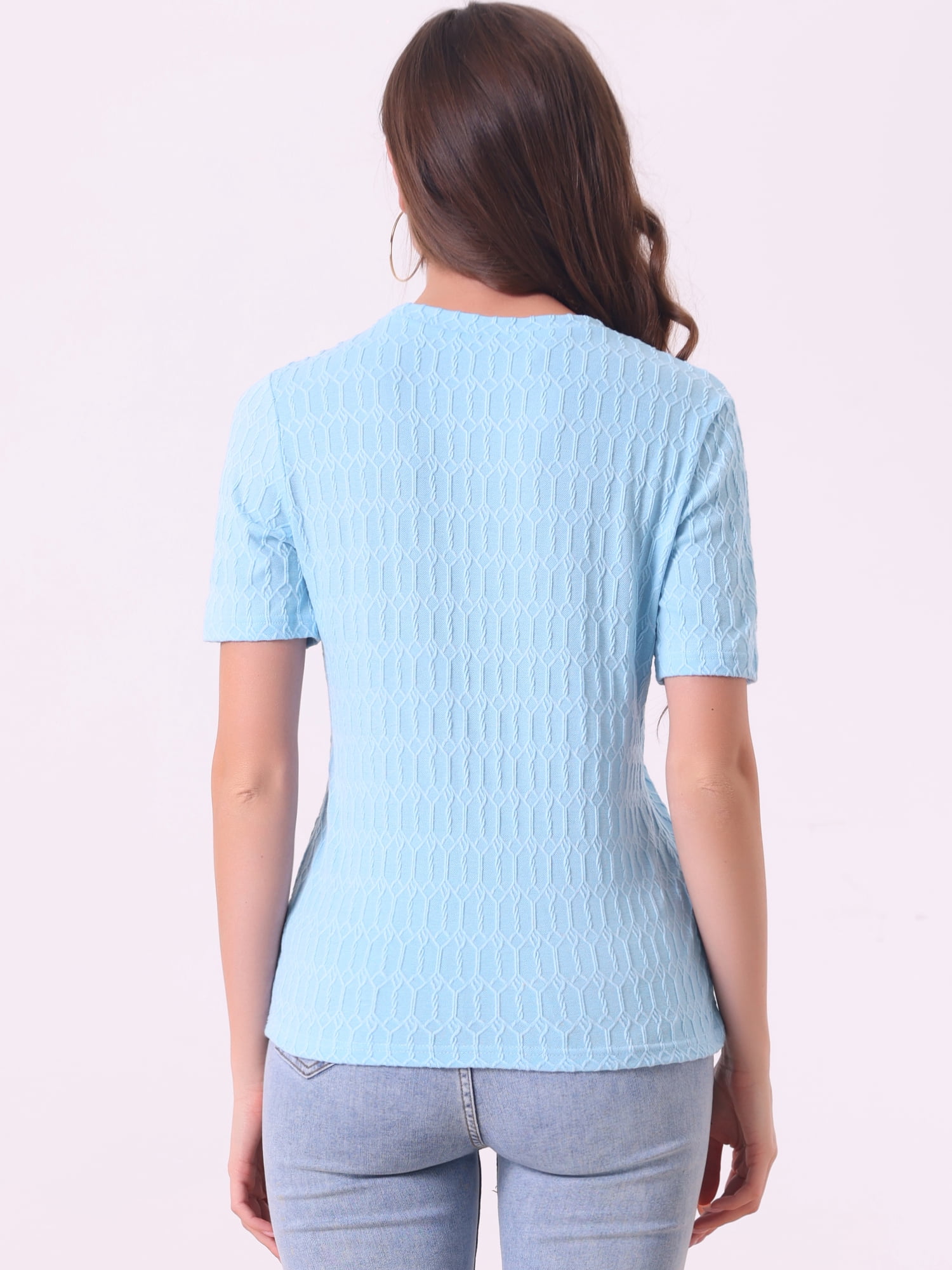 DARING DIVA Women's Casual Summer T-Shirt Round Neck Basic Textured Top L Light Blue