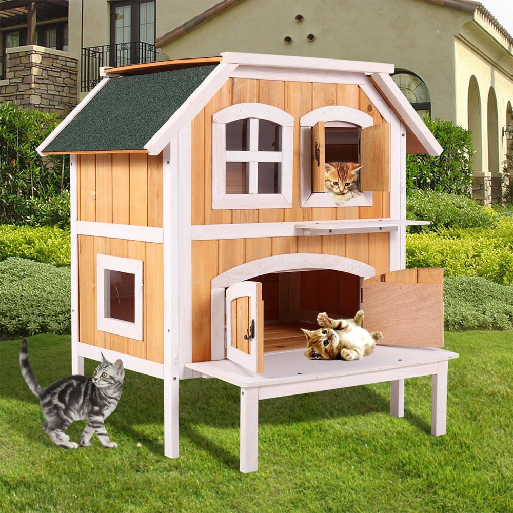 Ktaxon 2 Story Wooden Raised Indoor Outdoor  Cat  House  Cottage Wood White Walmart com