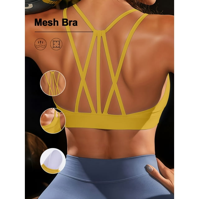 PISONIC Women's High-Impact Sports Mesh Bra with Back Cross Design & Removable Pads - Breathable Medium-Stretch Fabric, Solid Color for Cycling, Yoga, Running, Fitness