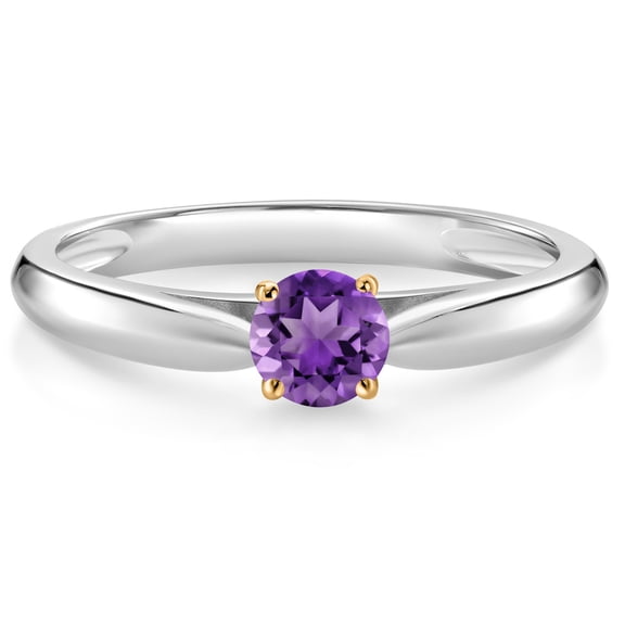 Gem Stone King 10K White and Yellow Gold Purple Amethyst Solitaire Engagement Ring for Women (0.25 Cttw, Gemstone February Birthstone, Round 4MM, Size 5)