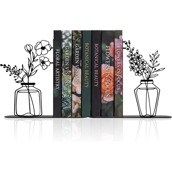 Cute Book Ends for Shelves - Decorative Flower & Vase Design | Fun Metal Bookends with Non-Slip Base - Novelty Gift for Book Lovers