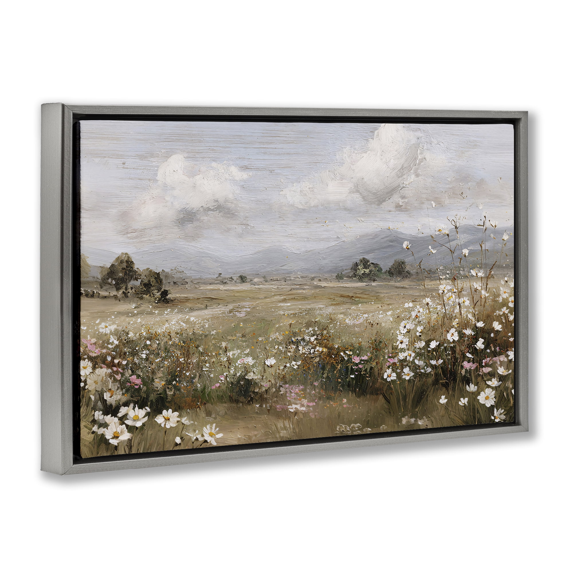Stupell Industries Daisy Clusters in Field Gray Framed Floater Canvas Wall Art, design by Jacky Ngan