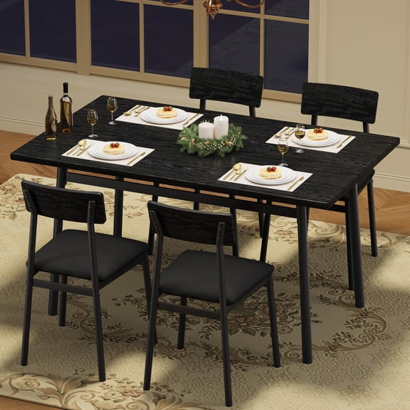 Wood Dining Table Set for 4 with Upholstered Chairs, Space Saving Kitchen Table with Metal Frame, Smooth Rounded Edge, Easy Assembly for Dining Room and Apartment,Black