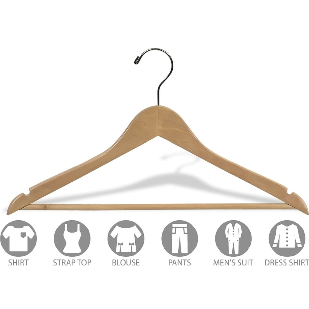 International Hanger Natural Wood Suit Hanger with Solid Bar for Tops or Pants, 100 Pack