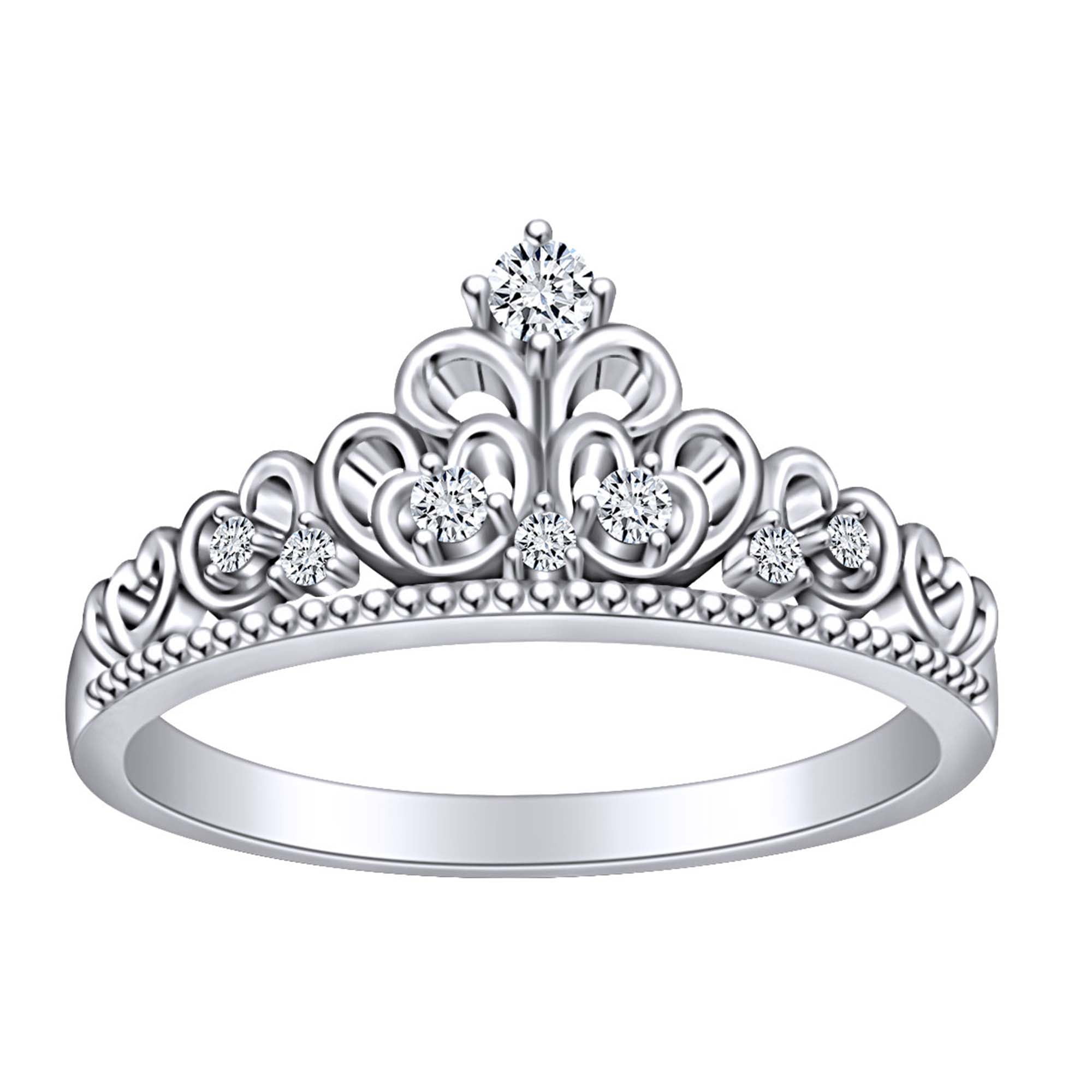 Round Shape White Cubic Zirconia Princess Crown Engagement Band Ring In