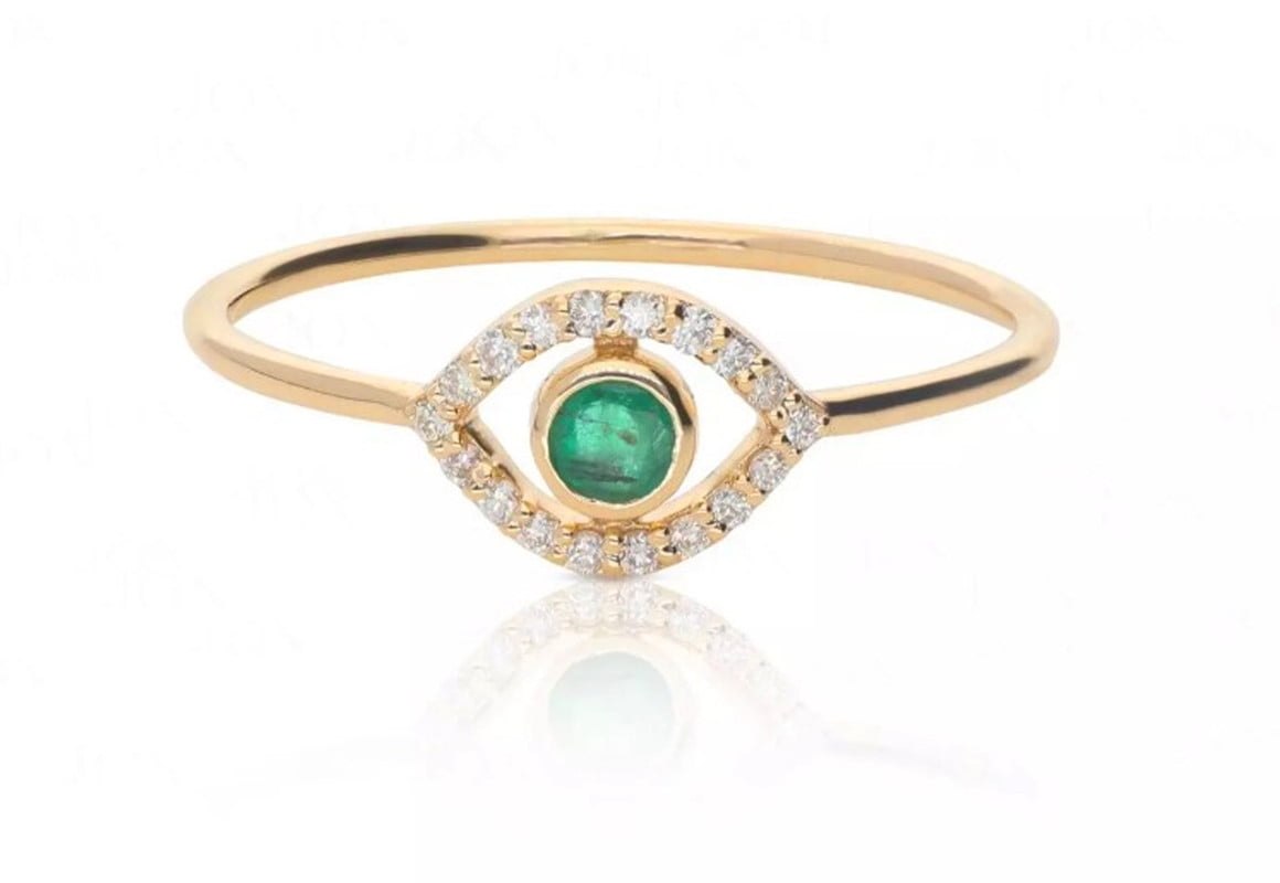 ArtpalaceByMitika Vintage Evil Eye Emerald Ring ,Moissanite Cluster Ring, 925 Sterling Silver ,14K Yellow Gold Plated for Women Engagement Rings